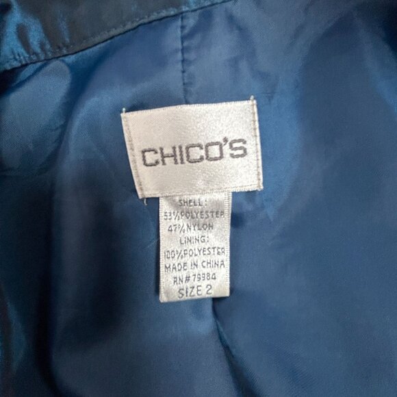 Chico's Womens Size 2 Blue Shimmer Zip Jacket Ruched Sleeve Lightweight Pockets - Picture 3 of 7